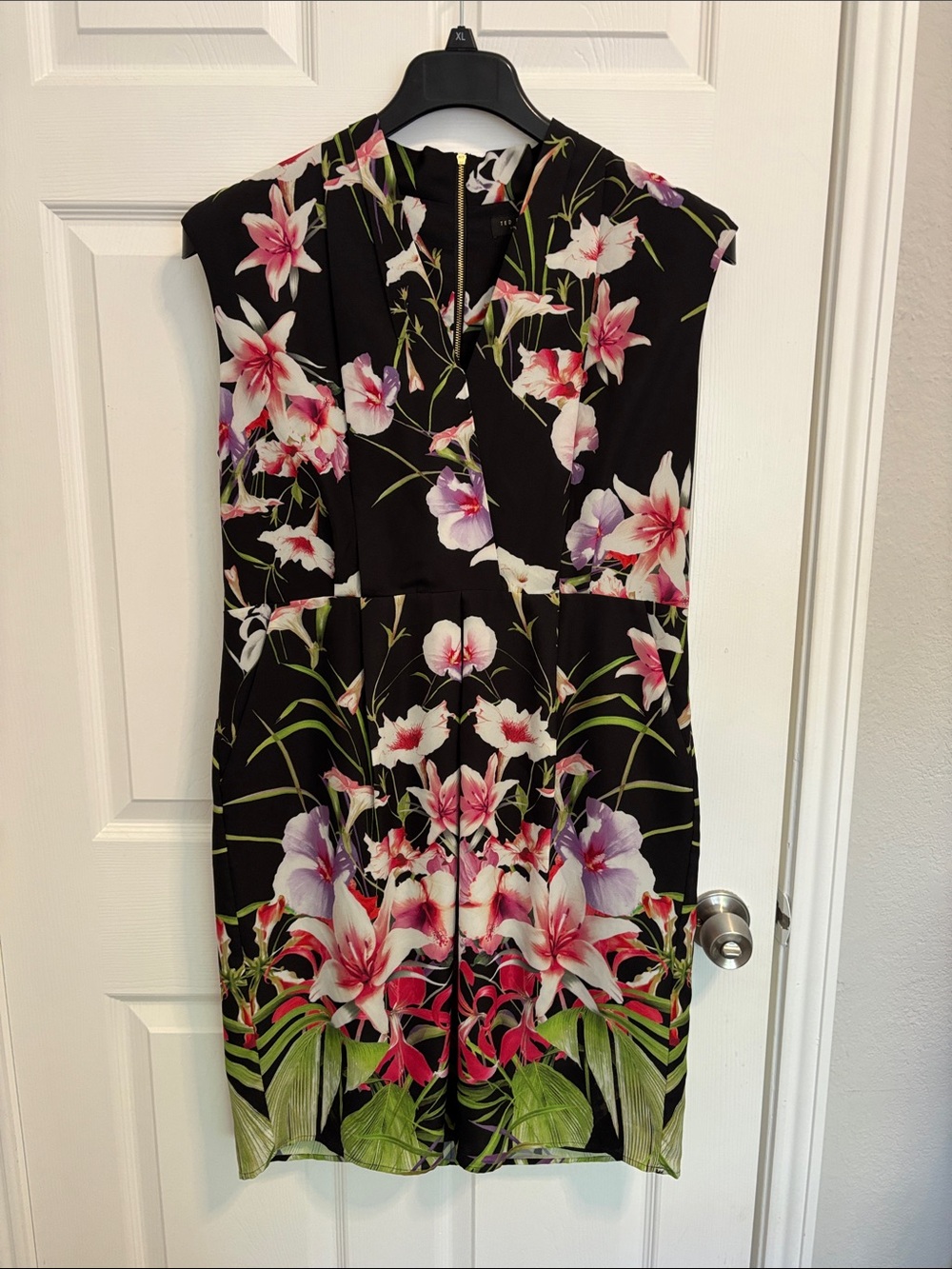 Ted Baker London Black Floral Mini Dress with Pink & Green Accents w95